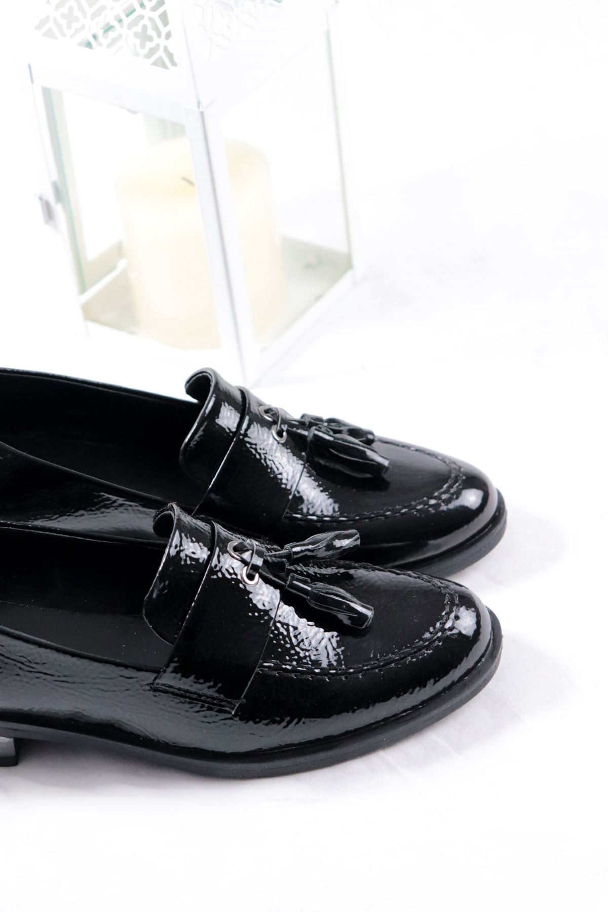 Trendayakkabı - Siyah Rugan Loafer Kadın Ayakkabı
