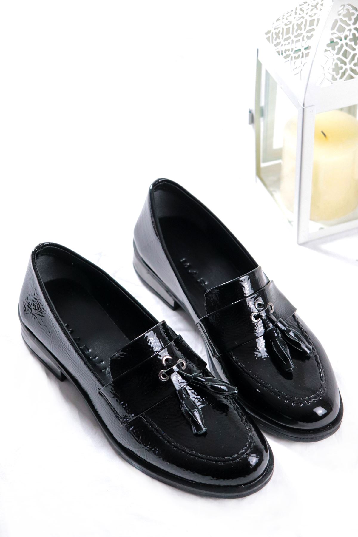 Trendayakkabı - Siyah Rugan Loafer Kadın Ayakkabı