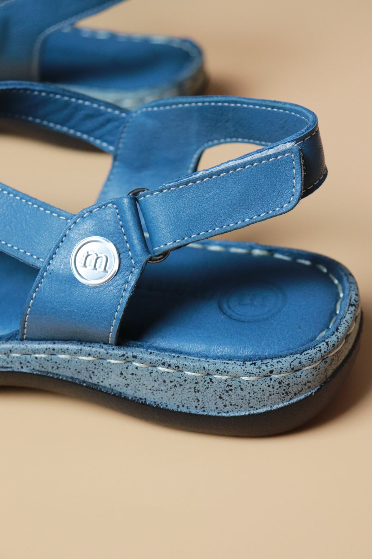 Mammamia - D22YS - 1070B - Kot Mavi Hakiki Deri Kadın Sandalet